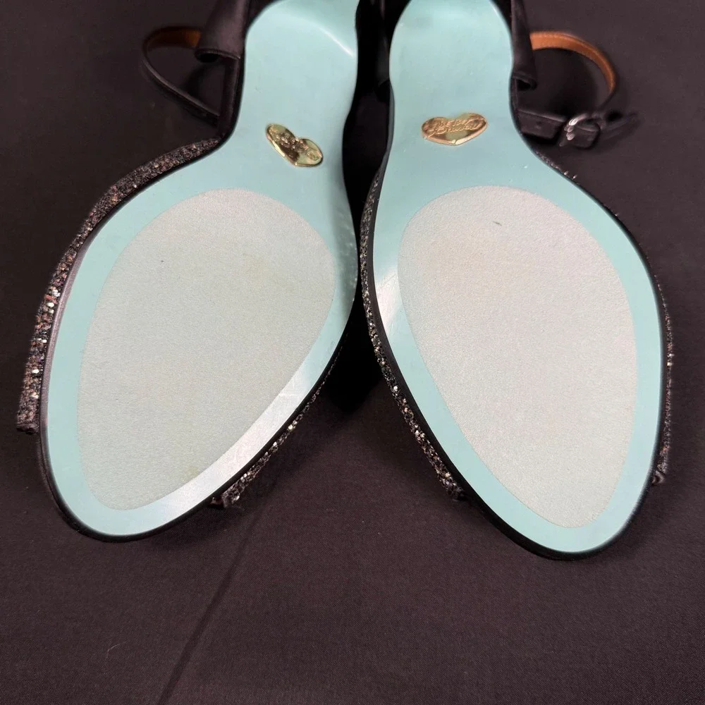Betsey Johnson SB-RITA Black Glitter Peep Toe Kitten Heels Pumps Womens 8.5M